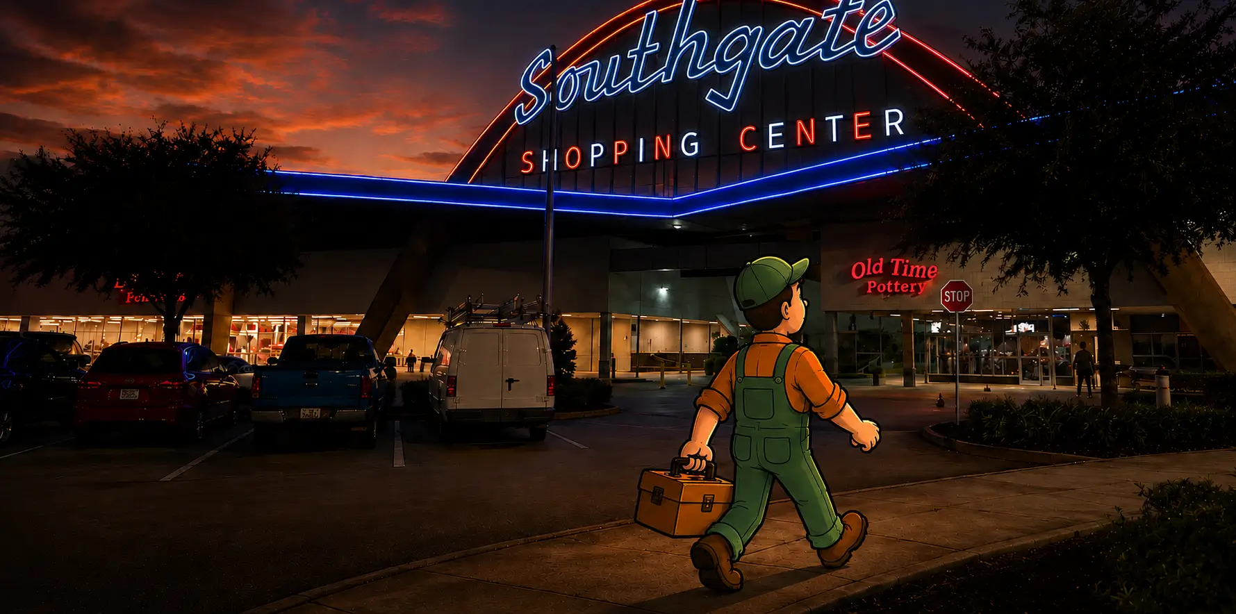 Polk Electric technician in Lakeland, Florida Illustrated Polk Electric technician walking past the Southgate Shopping Center sign in Lakeland at sunset