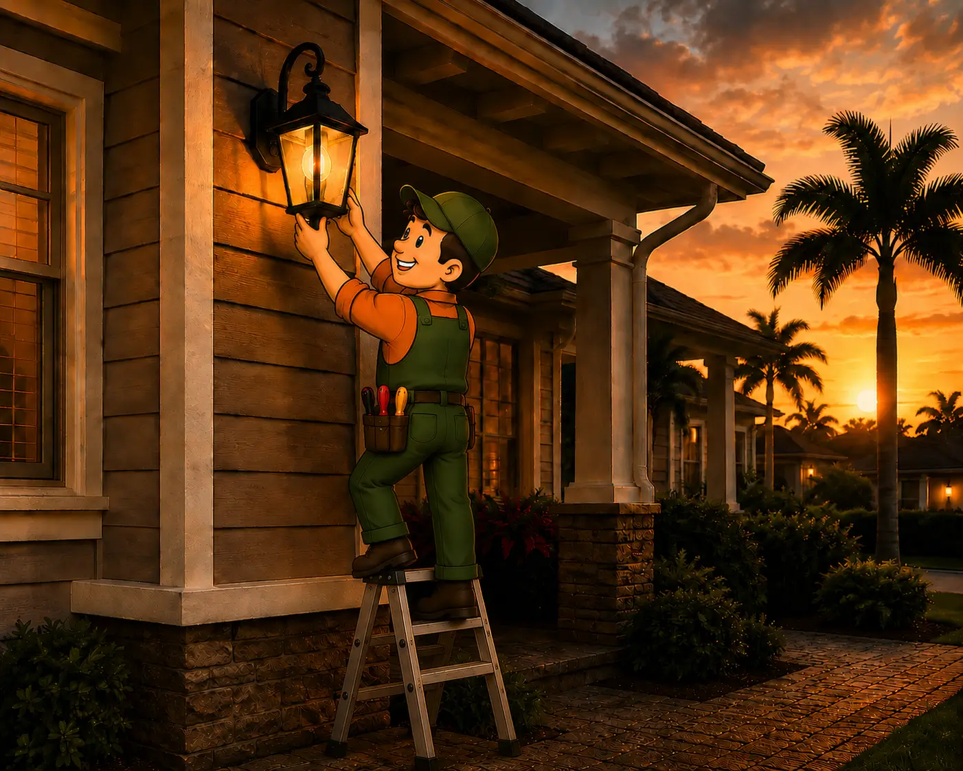 Installing an exterior light fixture on a Polk County home Illustrated Polk Electric technician on a ladder installing an outdoor light fixture on a home at sunset