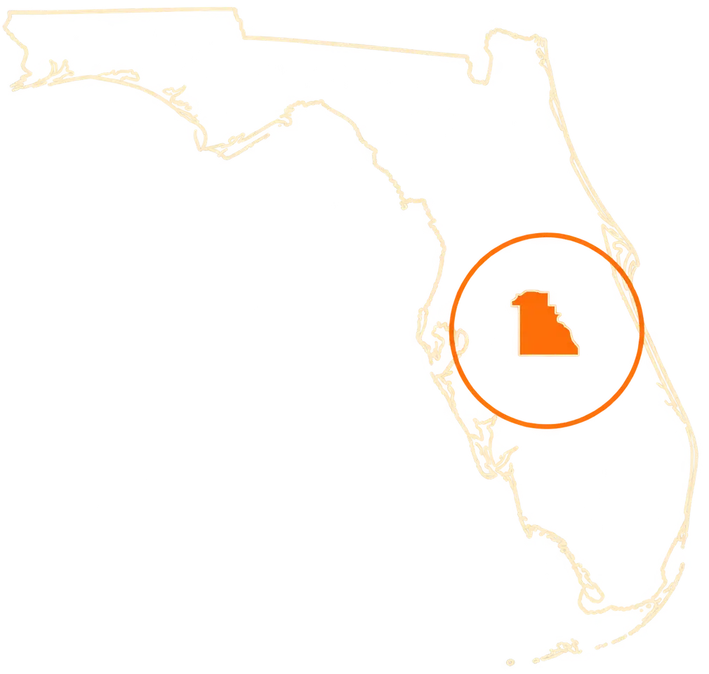 Polk County, Florida — Polk Electric's home service region Outline of the state of Florida with Polk County highlighted in orange inside a circular callout