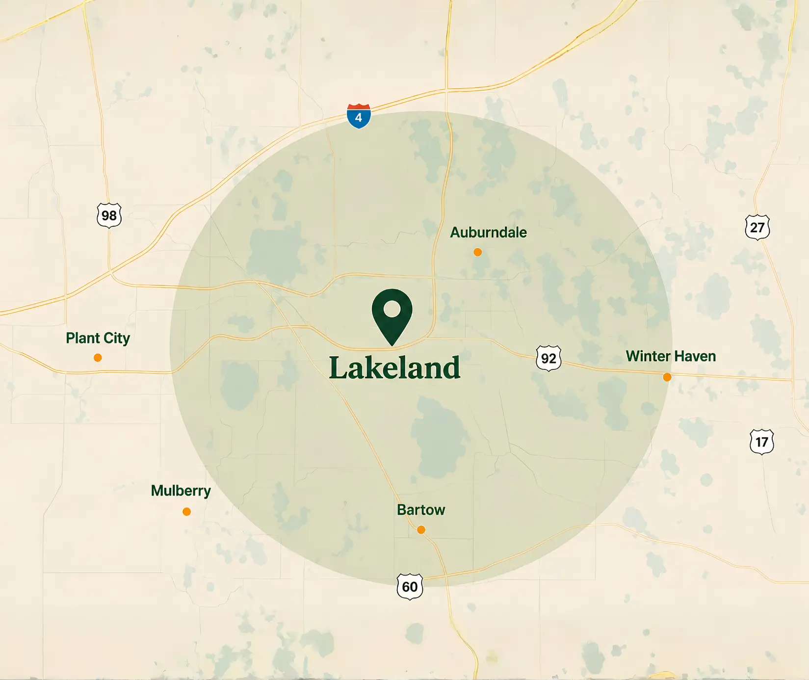 Polk Electric service coverage map Map of Polk Electric's service coverage centered on Lakeland, including Auburndale, Winter Haven, Bartow, Mulberry and Plant City